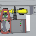 Right angle view of a smart drive bracket, a remote racking device, mounted on a breaker.