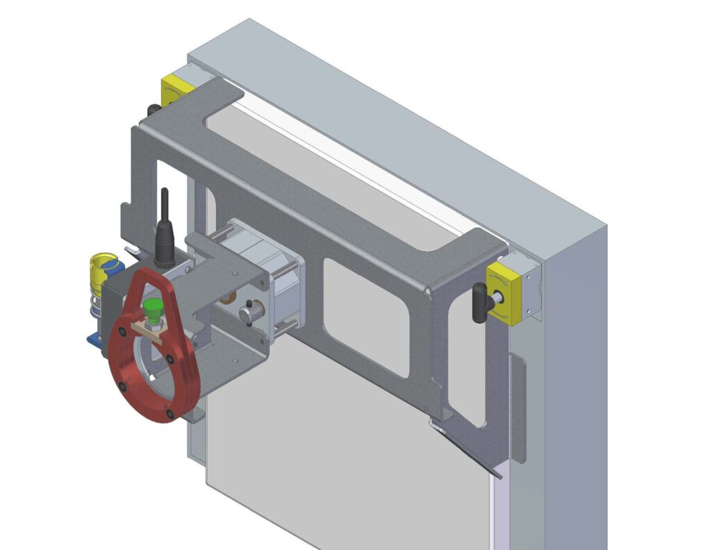 ISO view of a smart drive bracket, a remote racking device, mounted on the front of a breaker.