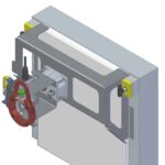 ISO view of a smart drive bracket, a remote racking device, mounted on the front of a breaker.