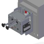 An ISO view of a mounted push-button controller on the face of a breaker.